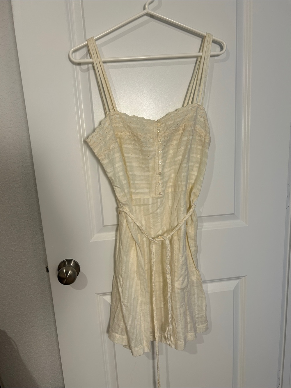 Anthropologie Cream Striped Tie-Waist Mini Dress